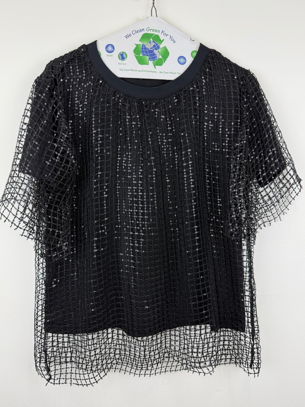 WHY DRESS Black Sequin Mesh Overlay Top Sheer Layered Blouse Size S
